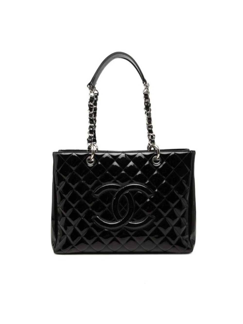 Chanel Quilted CC Logo Chain Tote Bag Black Patent Leather